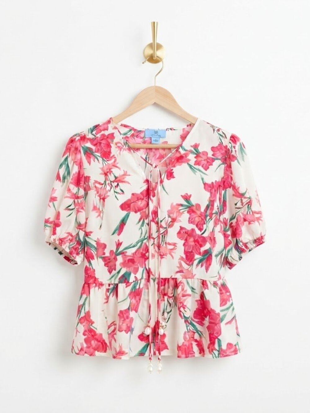 CeCe Floral Peplum Blouse Large White Pink Tie Neck Puff Sleeve Boho Cottagecore